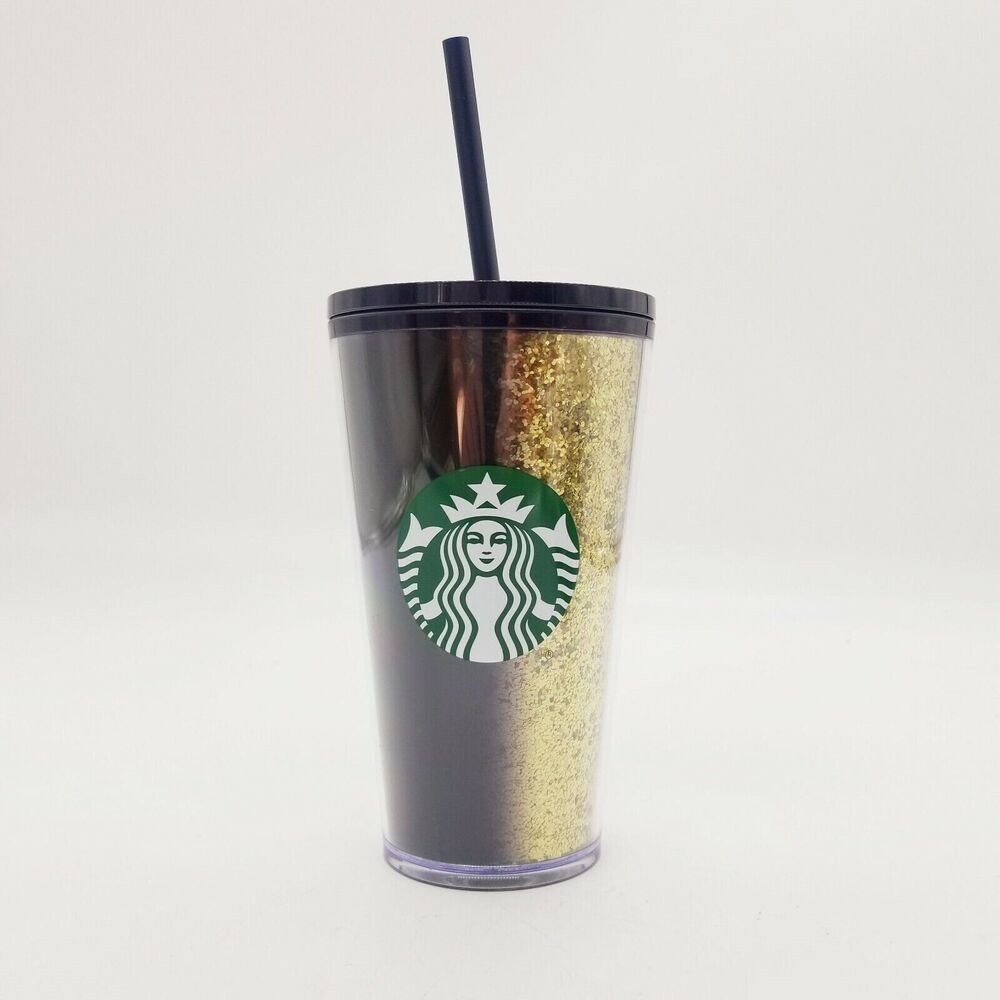 NEW Starbucks Gold & Black acrylic Glitter Cup 16 oz Tumbler Cup Hot Cold Straw